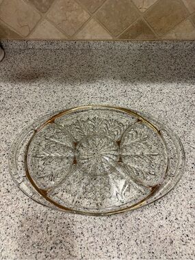 Vintage 5-section glass serving tray is likely a 1950s Jeannette